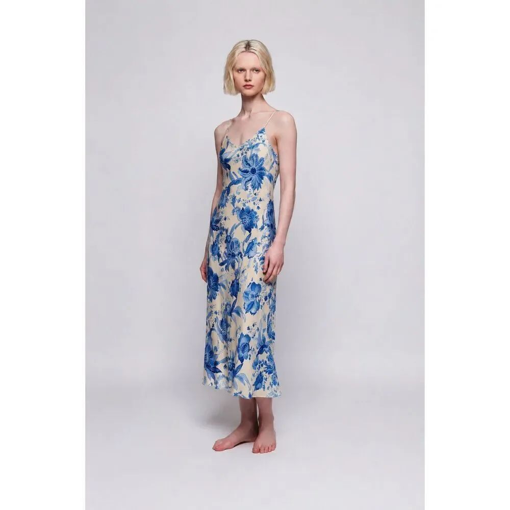 Mirto 1956 Blue Floral Satin Slip Dress NWT Made in Spain Size L $290